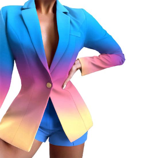 

Комплект женский блейзер и шорты, 2 шт./набор, длинные рукава, приталенный крой, элегантный глубокий V-образный вырез M синий