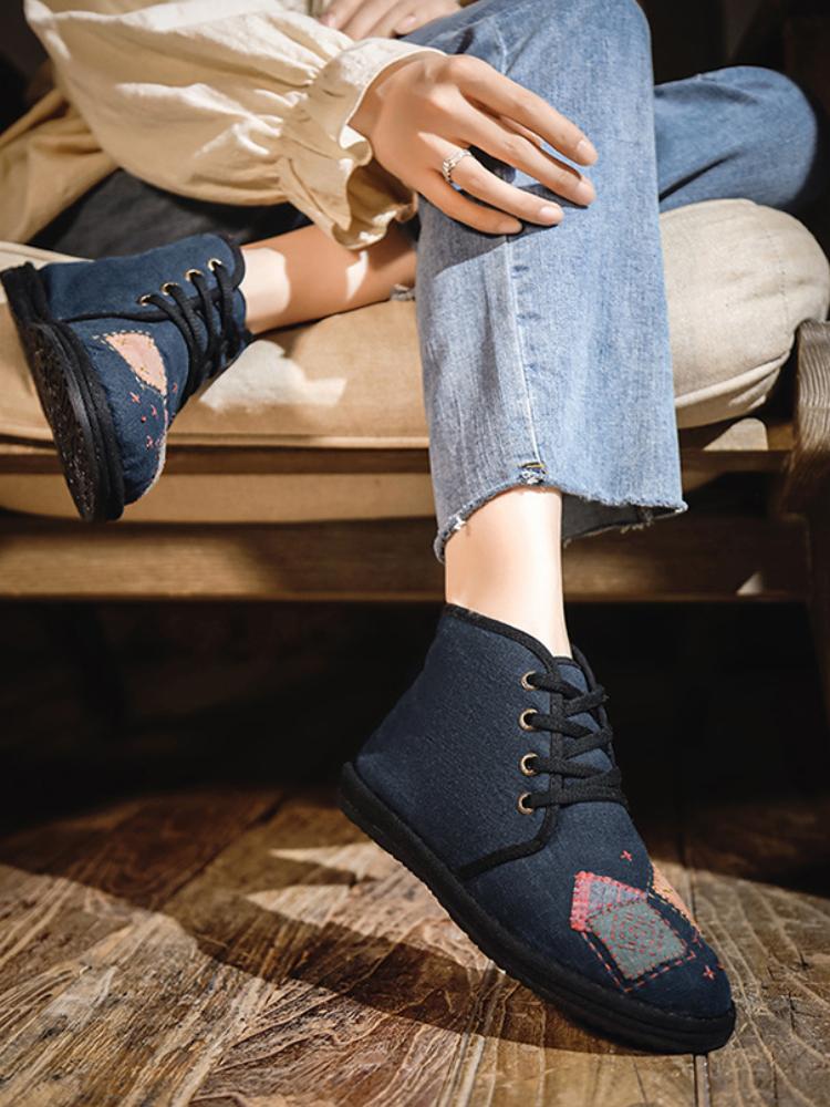 Johnature Plush Warm Cotton Shoes Handmade Embroidered Soft Sole Cloth Shoes Retro Women's Short Boots
