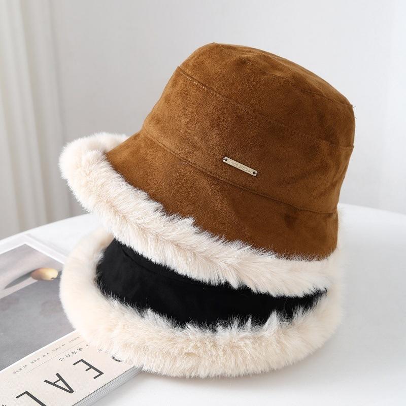 Autumn and Winter Bucket Hat Women's New Velvet Thickened Warm Bucket Hat Suede Versatile Ear Protector Basin Hat