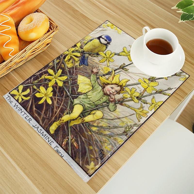 The Fairies Of The Winter Print Linen Dining Table Mats Alphabet Kitchen Placemat 30X45cm Coasters Pads Bowl Cup Mat