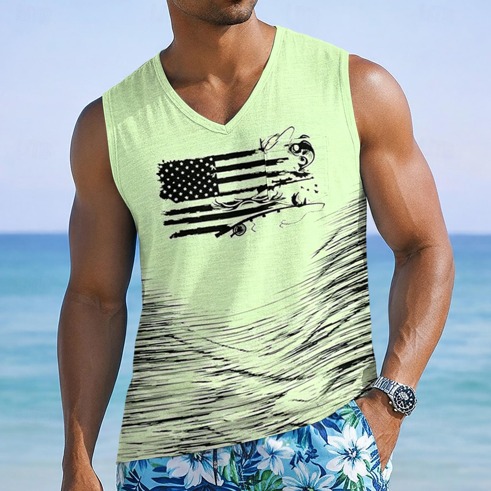 

250 Anniversary Usa Shirt Mens Sleeveless V Neck Top with Flag Print for 4th of July Shirts for Men Shirts for Men Usa 250Th Anniversary Shirt XL зелёный