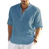 Camicia estiva da uomo maniche lunghe colletto alla coreana tinta unita pullover ampio abbigliamento quotidiano bottoni casual taglie forti uomo top abbigliamento maschile