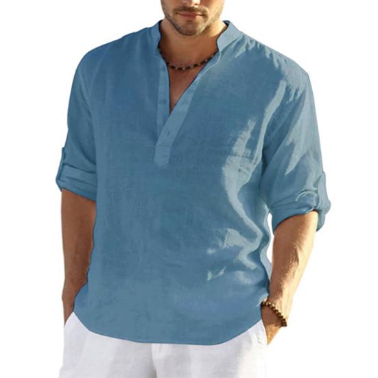 

Мужская летняя рубашка с длинными рукавами, сплошной цвет, воротник-стойка, свободный пуловер, повседневная одежда, повседневная одежда на пуговицах, большие размеры, мужская верхняя мужская одежда L синий