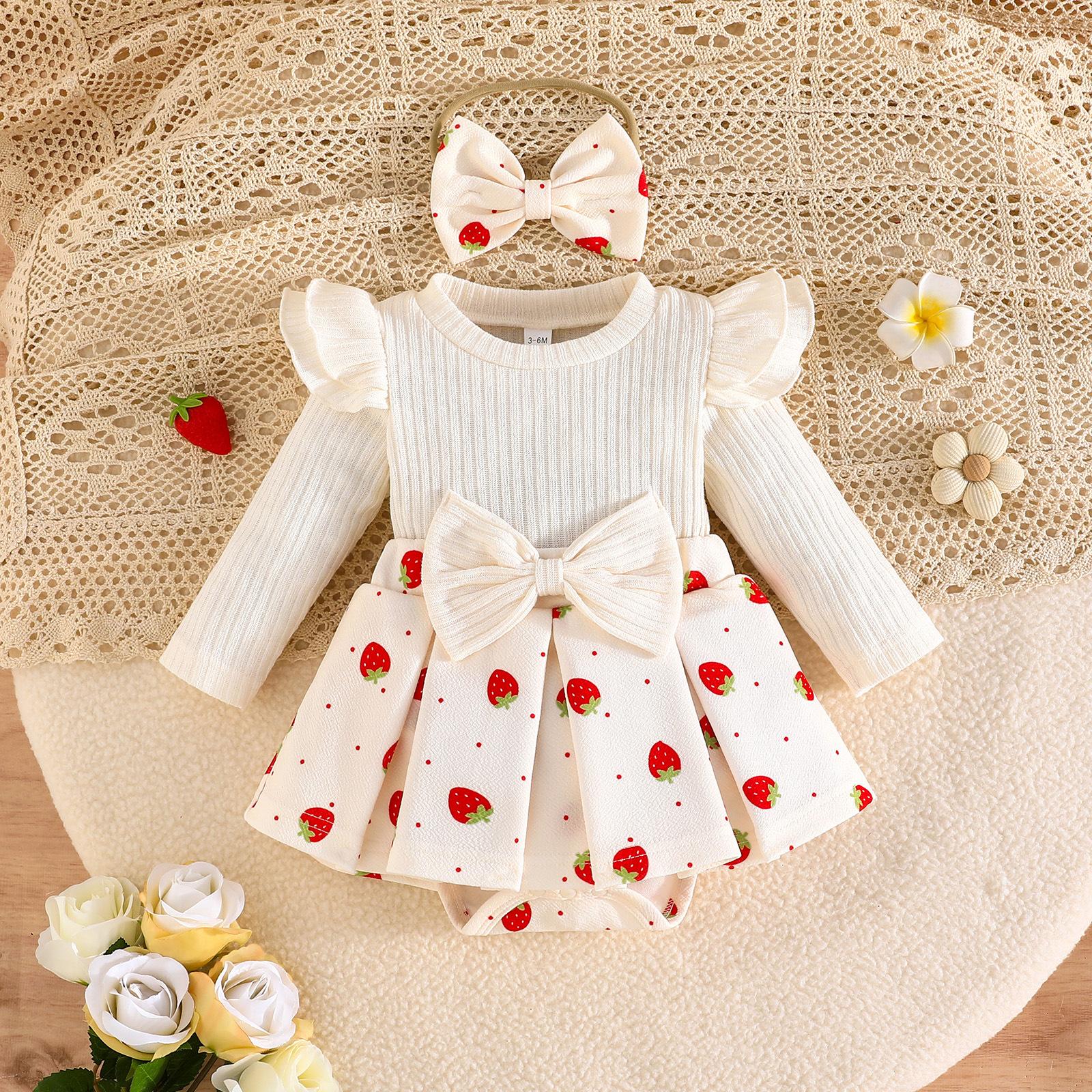 

Baby Girl Autumn Winter New Style Printed Triangle Romper + Headscarf + Bowknot Socks Sweet and Cute Style 12-18M білий