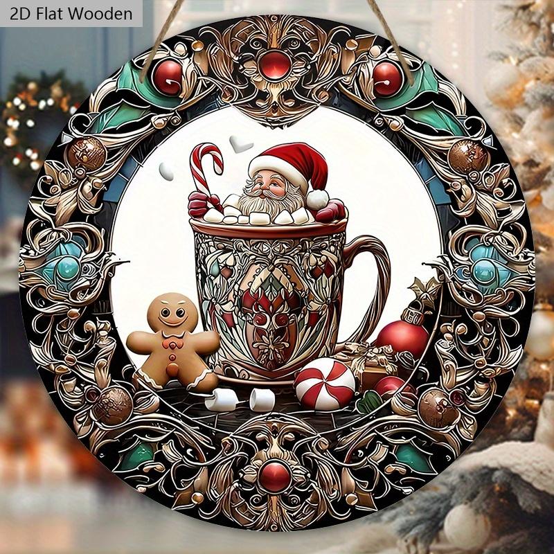 Christmas Hot Cocoa Wooden Sign with Santa Claus & Gingerbread Man Pattern - Navidad Sign for Front Door, Wall Hanging Decor - Ideal Christmas Decor