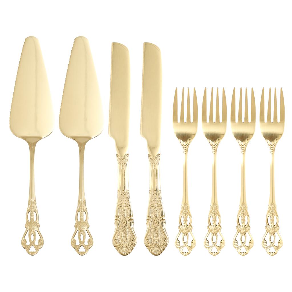 8ks Sada nože na dort, vidličky a servírovací lopatky Nerezová ocel Vynikající sada na krájení svatebního dortu Stříbrná/Zlatá pro svatební a narozeninové potřeby