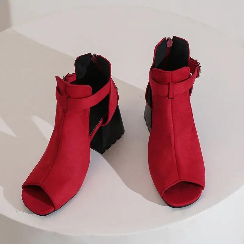 Fashion Women Gladiator High Chunky Sandals Blue Denim Red Leopard Suede  Summer Party Lady Peep Toe Buckle T-strap Zipper Shoes