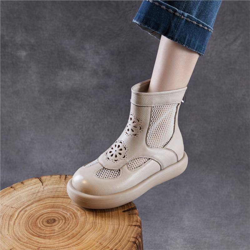 Johnature Genuine Leather Thick Soled Roman Women's Summer Boots Hollow-out Breathable Casual Mesh Short Boots