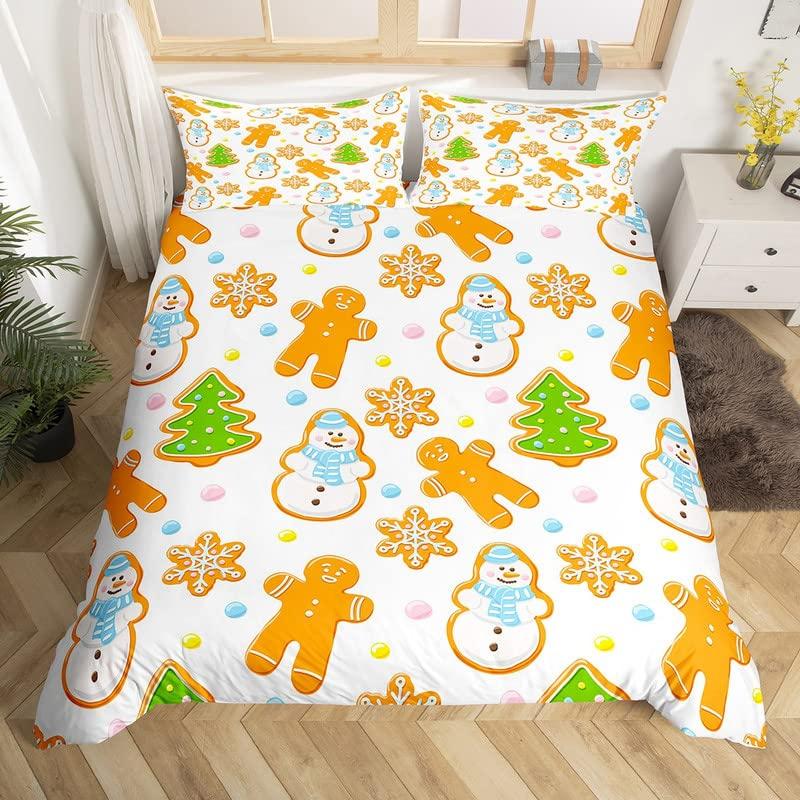 Gingerbread Man Xmas Theme Duvet Cover Christmas Comforter Cover Cartoon Snowman Christmas Tree Bedding Set Pink Quilt Cover