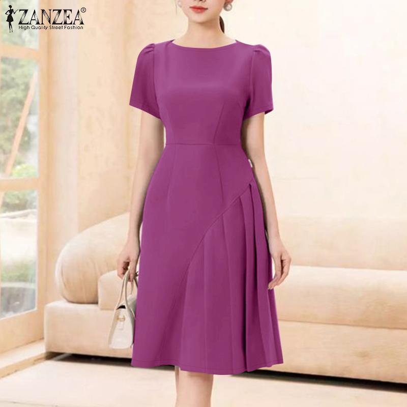 ZANZEA Womens Summer Round Neck Casual Short Sleeve Dress