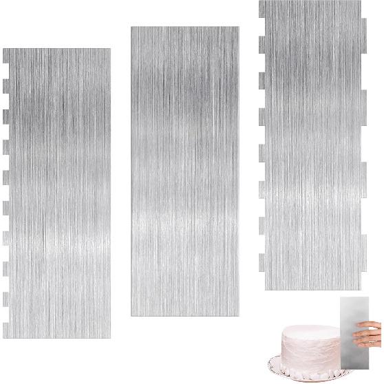 Simarro 3 Pieces Stainless Steel Cake Scraper, 9 Inch Large Double Sided Patterned Edge Stripe Wave Edge Smoother Cake Scraper Icing Smoother Tools