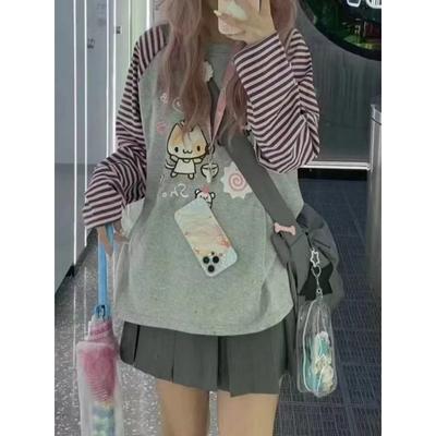 Y2k Harajuku Kawaii Striped Hoodie Women Japanese Fashion Patchwork Cartoon Print Sweatshirt Female Autumn 2023 New In