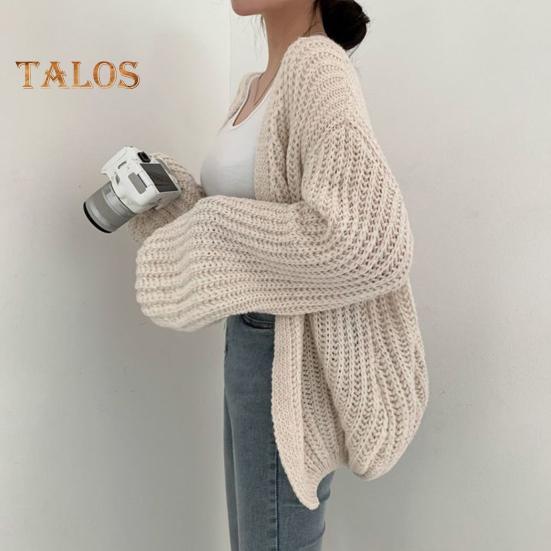 Pullovermantel für Damen, V-Ausschnitt, Laterne, lange Ärmel, offener Strickmantel, einfarbig, lässige Strickmode für den Alltag