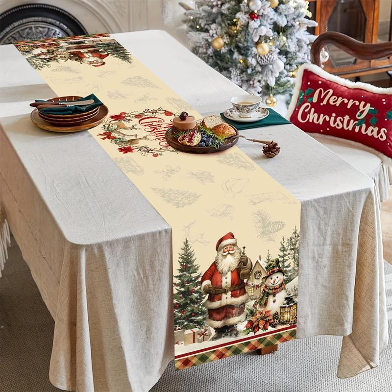 Vintage Christmas Table Runner Farmhouse Table Flag Merry Christmas Decoration for Home 2025 Winter Holidays Dinning Table Decor