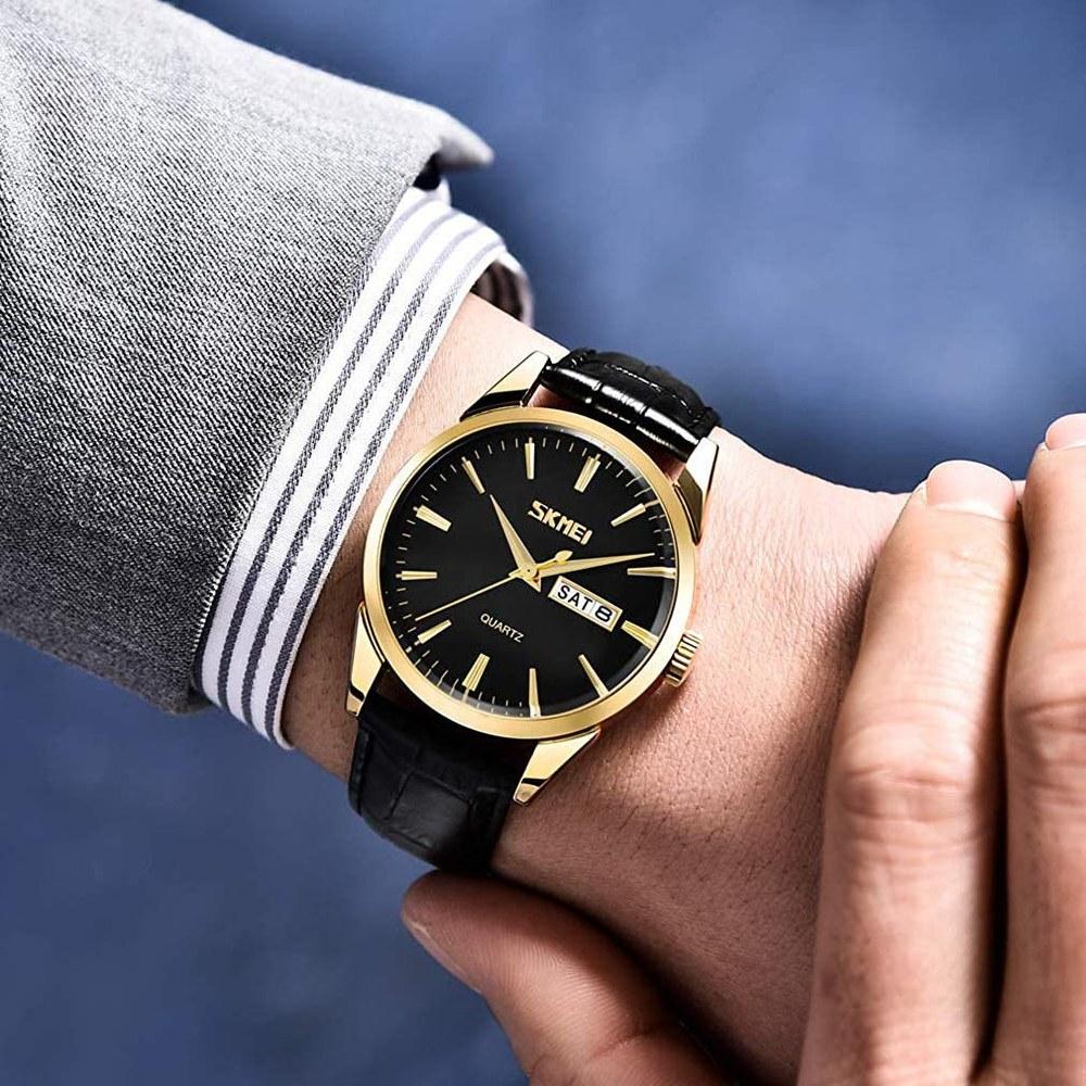 SKMEI Couple Wristwatch Set Men's and Women's Classic Black Leather Waterproof Luxury Watches for Wedding Anniversary Mother's Day Father's Day Gift