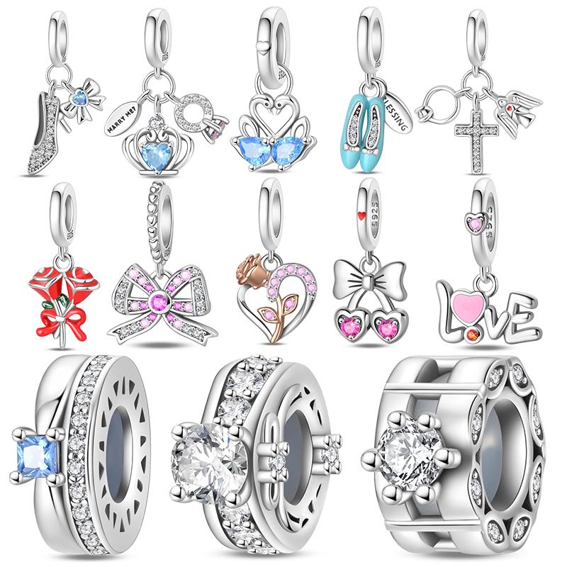 100%Stering Copper Crystal Slippers Charms Beads Swan Rose Pendant Fit Original 3Mm Bracelet Diy For Women Fine Jewelry