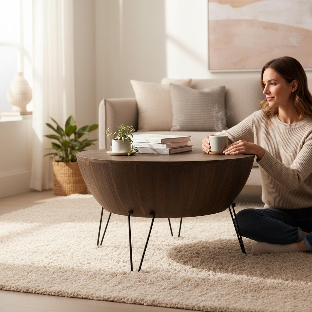 Modern Round Wooden Coffee Table | Solid Wood Center Table with Metal Hairpin Legs | Minimalist Mid-Century Living Room Furniture