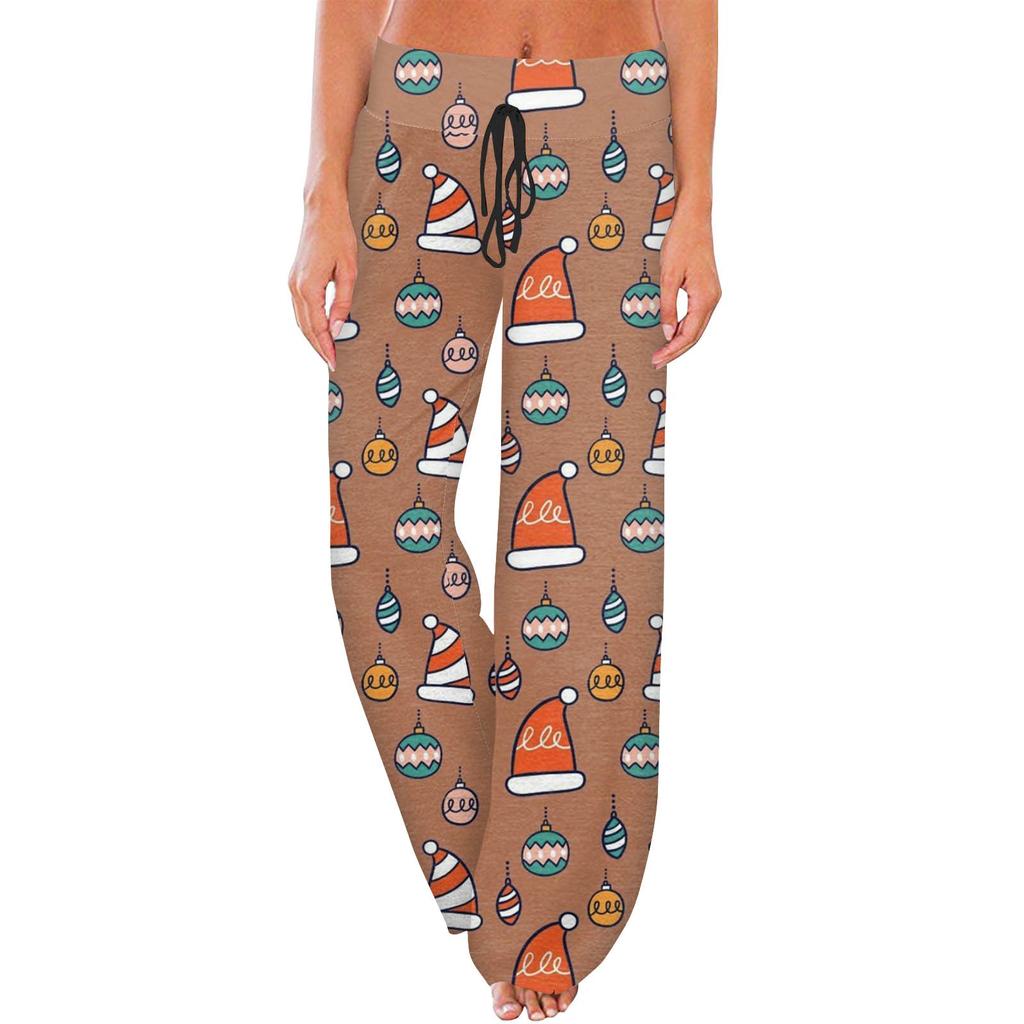 Women's Casual Fashion Comfort Pajama Pants Christmas Print Drawstring Wide Leg Pants