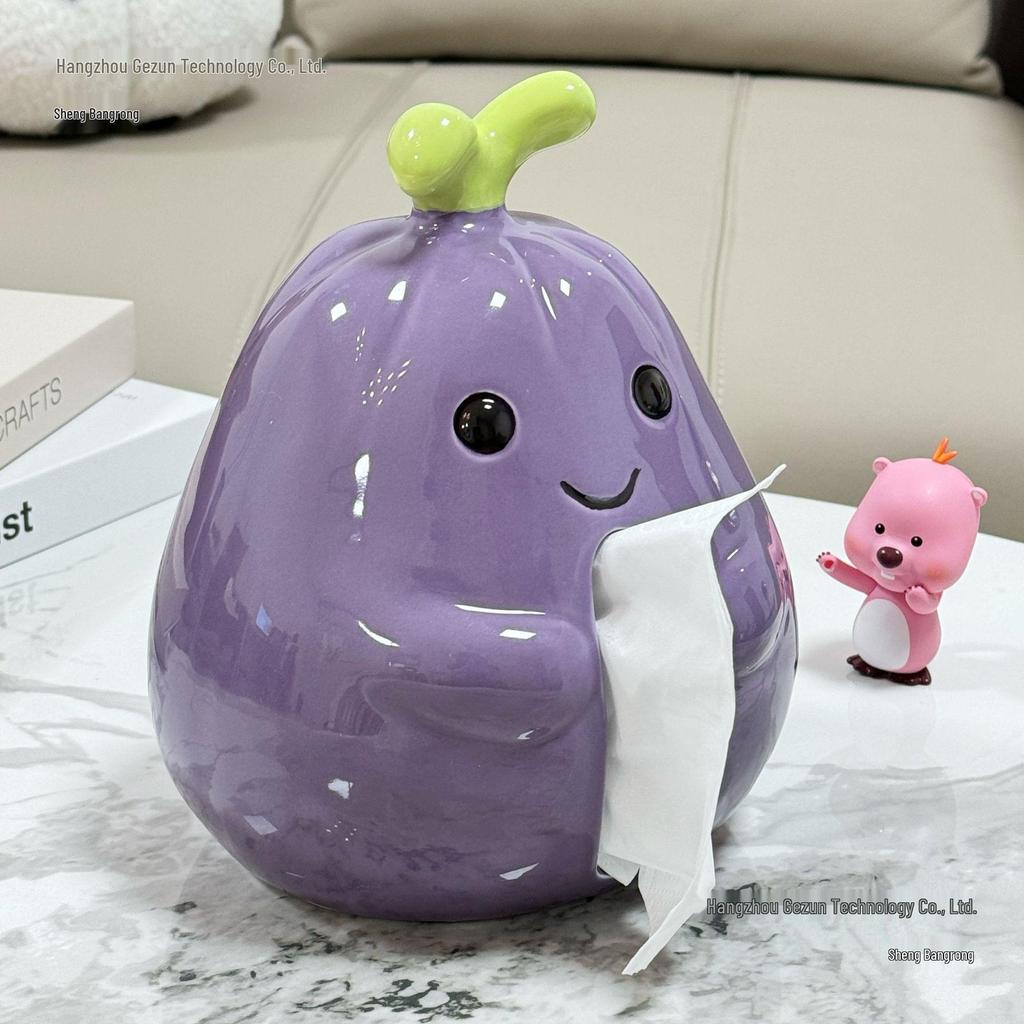 Cute Eggplant Ceramic Tissue Box - Cartoon Napkin Holder for Living Room Decor