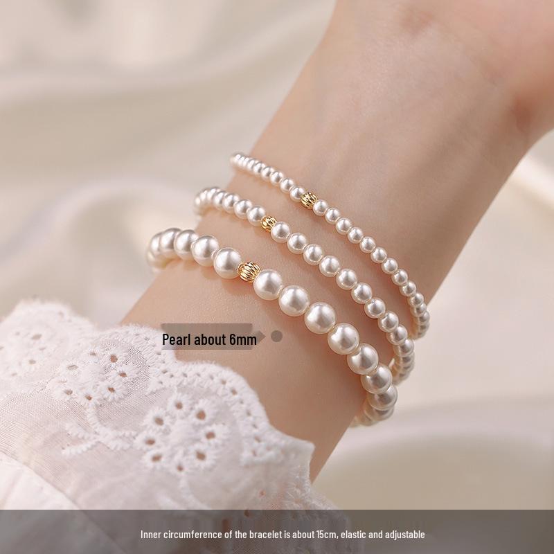 Round Pearl Bead Bracelet: Personalized Luxurious French-Inspired Design with Elastic Cord