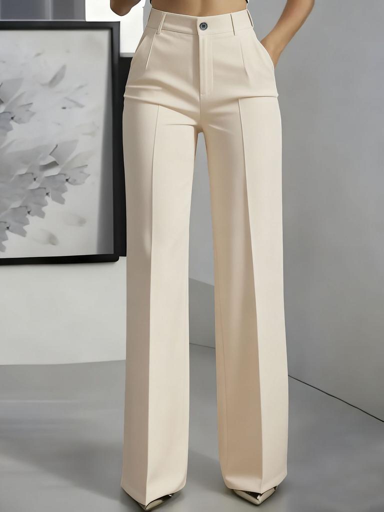 Women's High Waist Button Detail Wide Leg Trousers