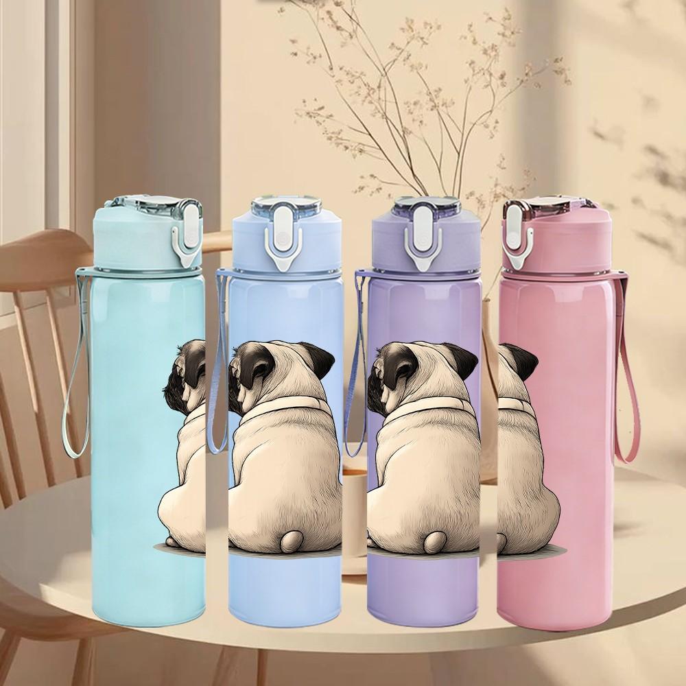 1PC Pug Bulldog Portrait 750ml Color Plastic Sports Water Bottle Leakproof Flip Straw Lid Suitable for Sports Office Home Use