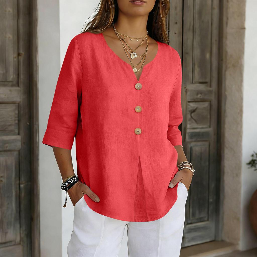 2026 Cotton Linen Three-Quarter Sleeve Button-Down Casual Loose Top Solid Color Shirt