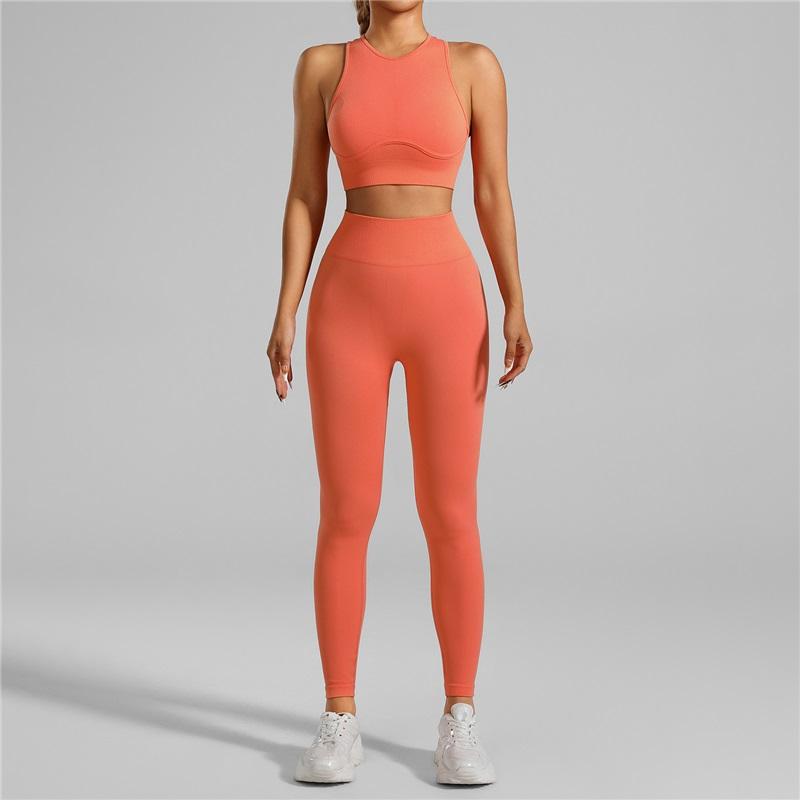 European And American Style Women's Tight-fitting Seamless Yoga Clothes 2 Piece High-intensity Running Fitness Sports Threaded Vest Trousers Suit
