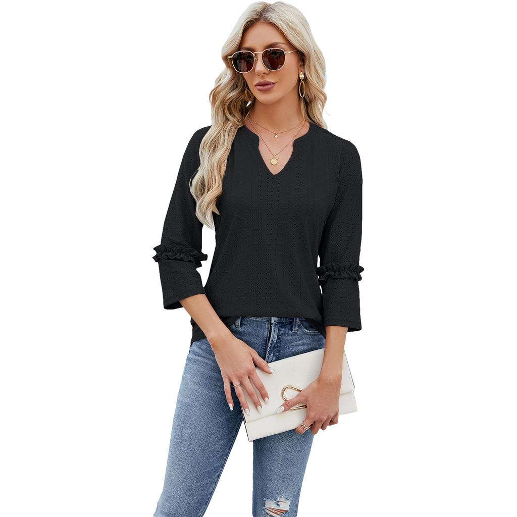 Spring and Summer Women's T-shirt V-neck Lace Seven-quarter Sleeve Jacquard Loose Long-sleeved Tops
