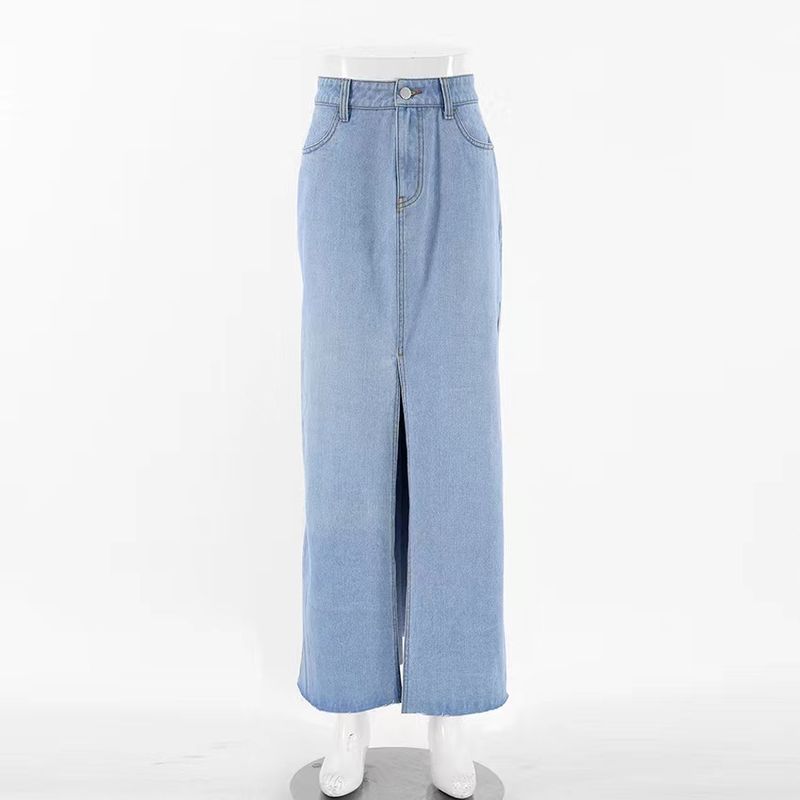 

Fashion Retro Denim Skirt High Waist Slit Bodycon Dress High Waist Split Denim Skirt Light blue L