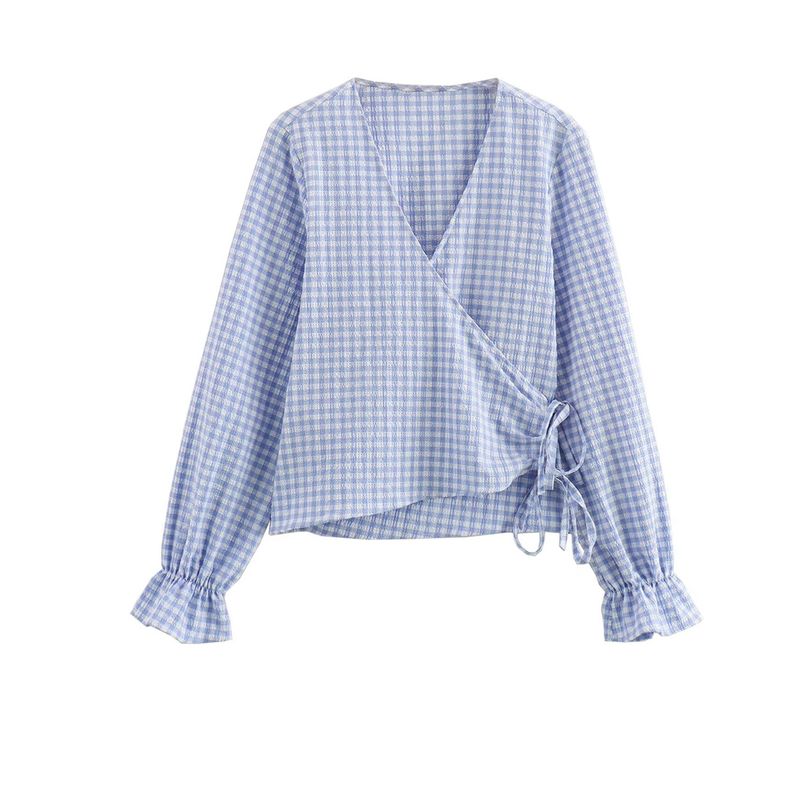 

Kaslead New Arrival Women s Fashion Style Fashion All-Match Plaid Double Breasted Shirt 2298166 Blue L