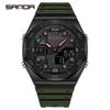 SANDA 6306 Modische Herren-Elektronikuhr Dual-Anzeige Multifunktional Nachtlicht Wecker Wasserdicht Coole Unisex-Uhr