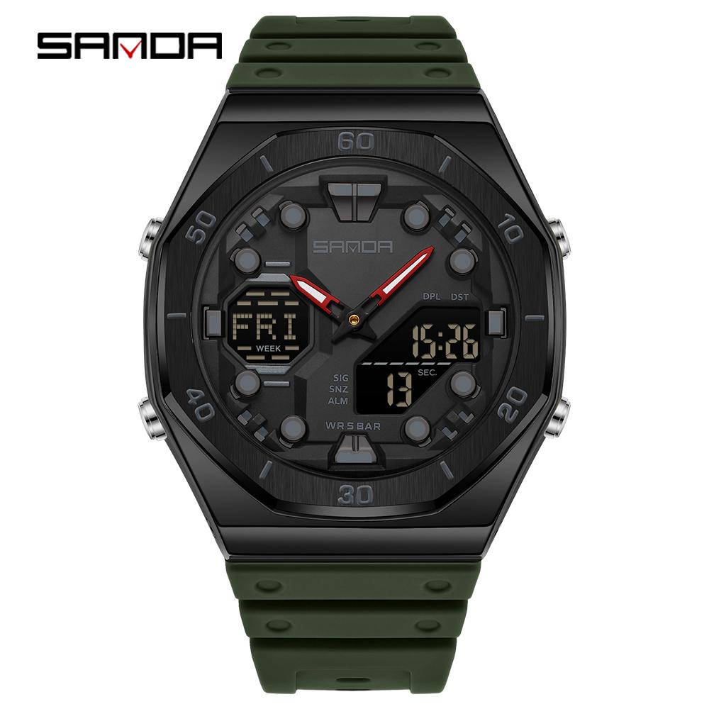 SANDA 6306 Modische Herren-Elektronikuhr Dual-Anzeige Multifunktional Nachtlicht Wecker Wasserdicht Coole Unisex-Uhr