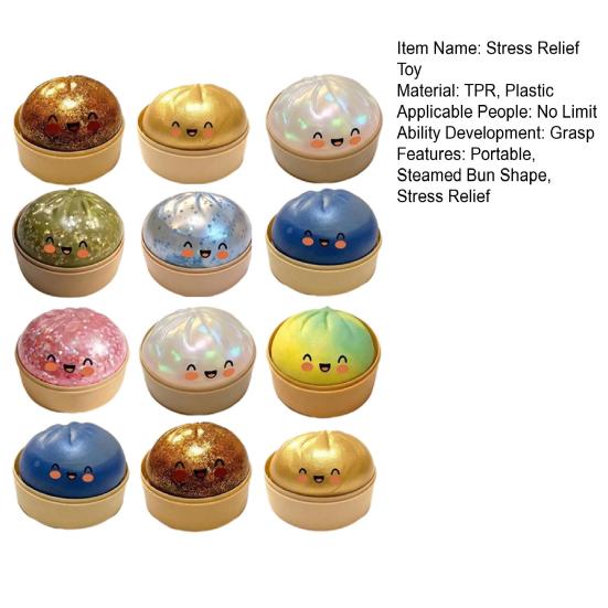 12Pcs Steamed Bun Stress Ball with Steamer Anti-Anxiety Glitter Cartoon Dumpling Squeeze Toy Simulated Dough Ball Fidget Sensory Toy