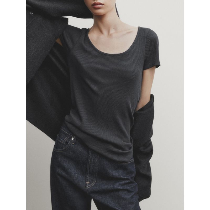 Za2024 Summer New Product Women's Clothes Casual Wind Pure Color Silm Rib U-Shaped Collar Short Sleeve T-shirt 06852578818