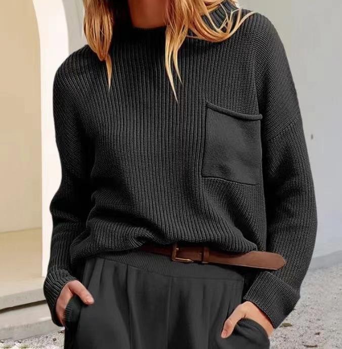 

Европейский и американский универсальный плиссированный карман свободный топ модный тренд повседневный стиль полу-водолазка с длинным рукавом вязаный свитер average size 53-142 чёрный