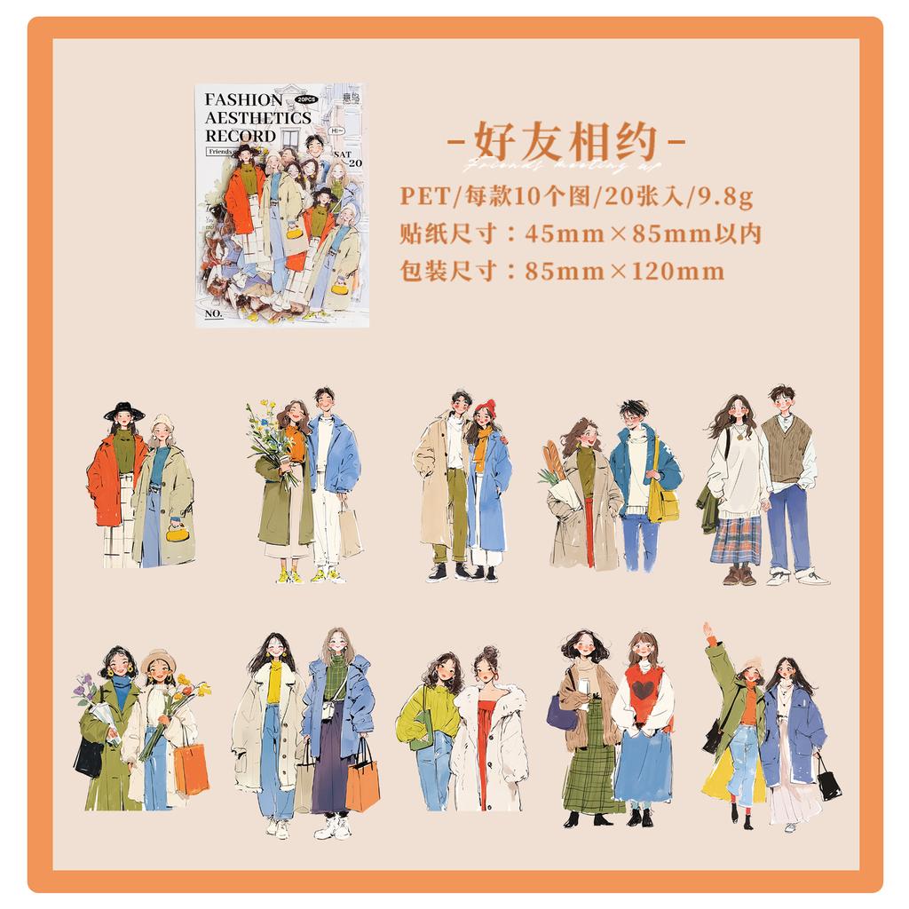 JIAMEI 20pcs Dressing Aesthetics Record Series Creative Fashion Character PET Stickers DIY Diary Scrapbook Stationery Stickers