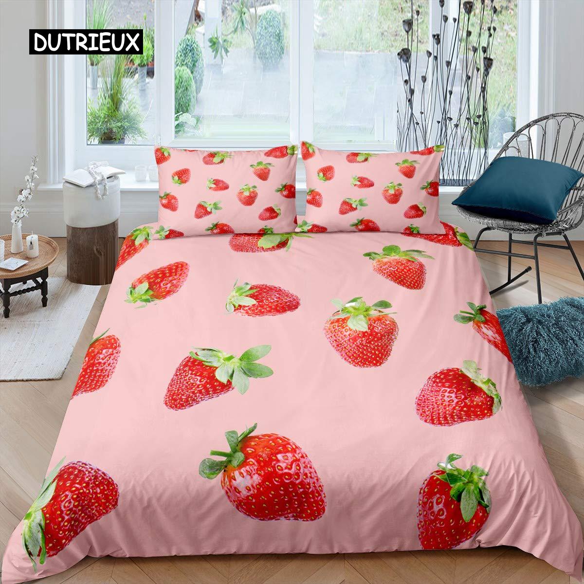 

Полуничний набір підодіяльників для дівчинки King Size Комплект постільної білизни з червоною полуницею Підодіяльник з їжею та фруктами для подарунків для дітей EU single(135x200cm)