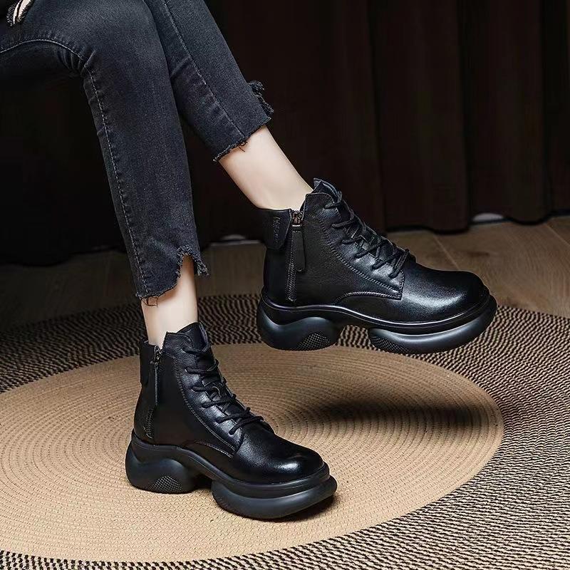 Weiche Leder Schnürstiefel mit dicker Sohle und Absatz, Herbst neu, Retro, runde Spitze, schlank, vielseitig, Damenstiefel
