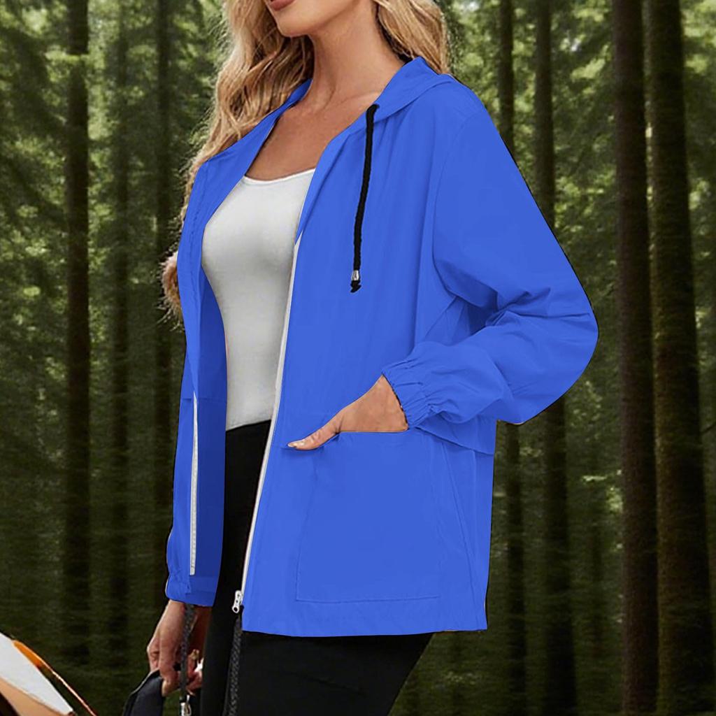 Womens Lightweight Waterproof Windproof Outdoor Jacket Full Zip Hooded Raincoat Casual Shell Coat with Adjustable Drawstrings