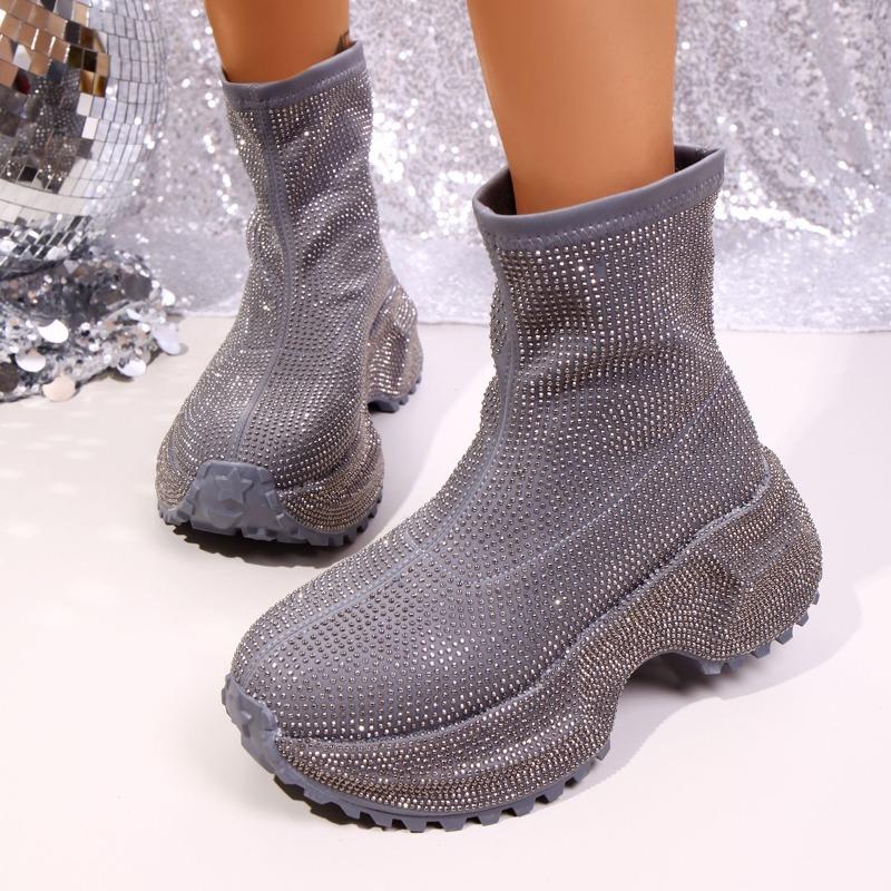 Fashion Full Drill Short Tube Boots Autumn New Round Head Sleeve Platform Anti-slip Wear-resistant Single Boots