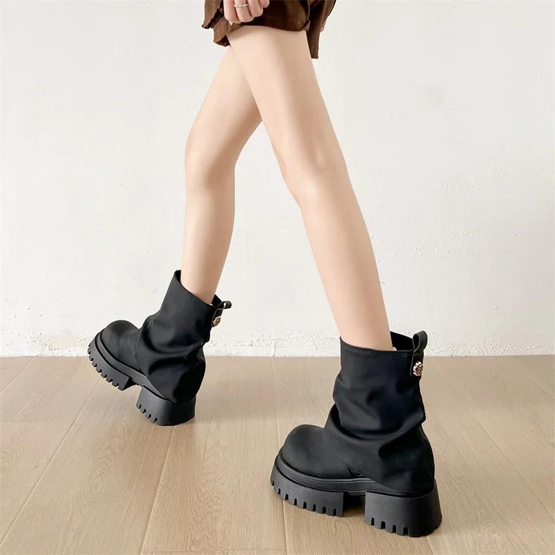 Winter Punk Style Pleated Women Knee High Boots Fashion Platform Height Increase Long Booties Zapatos De Mujer