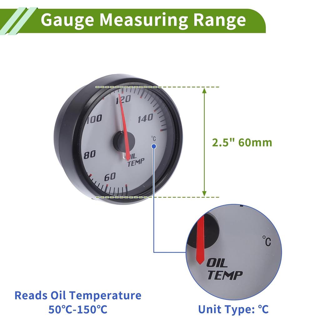 Oil Temp Temperature Gauge Meter Kit Black Engine Temp Gauge 2.5" 60mm Light Blue 50Degrees Celsius-150Degrees Celsius