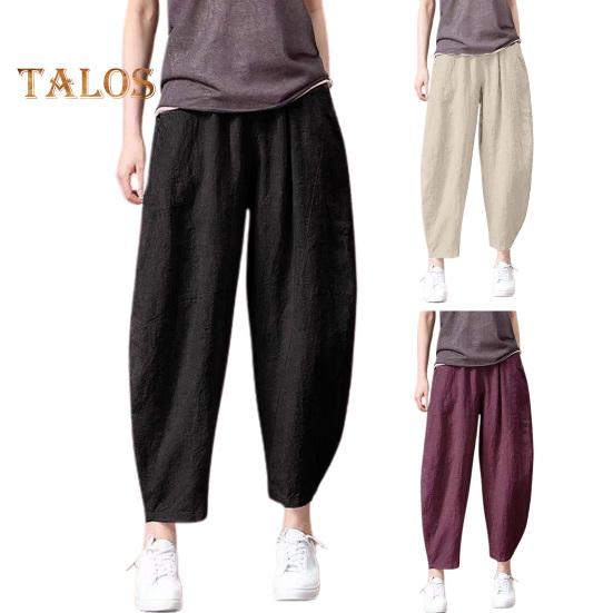 Damen Sommerhose, elastische hohe Taille, weites Bein, lässige Hose mit Taschen, einfarbig, lockere Passform, dünne Hose