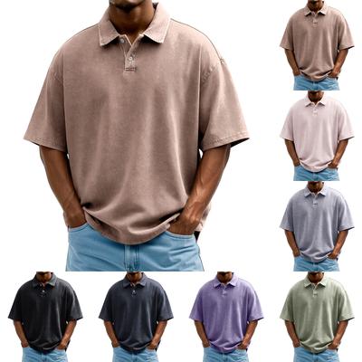 Pánské vyprané vintage polo tričko s krátkým rukávem, zapínání na knoflíky, ležérní košile s límečkem, volný střih