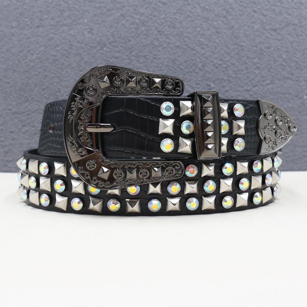 European & American Punk-Style Rhinestone Rivet Leather Belt for Women - High-Quality Fashion Accessory