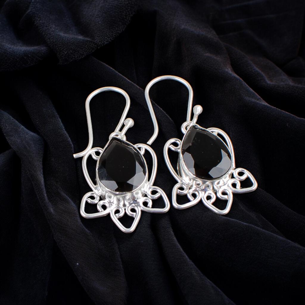Natural Black Onyx Gemstone 925 Sterling Silver Handmade Jewelry Earrings 1.70" EE-40-13