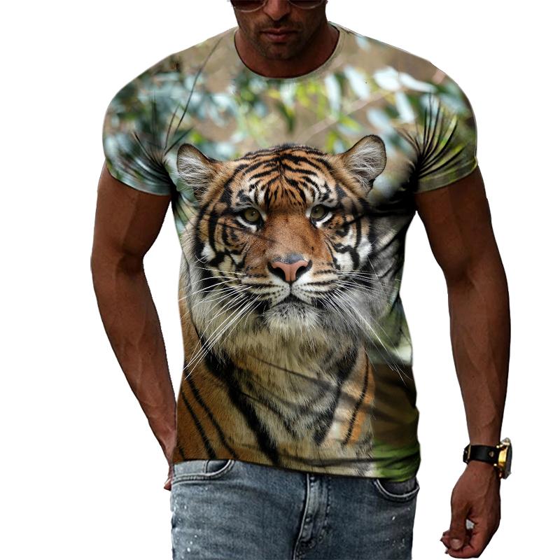 Fashion Handsome Animal Tiger Print Men T-shirt Summer Trend Casual Personality Hip Hop Street Style O-neck Short Sleeve T-shirt