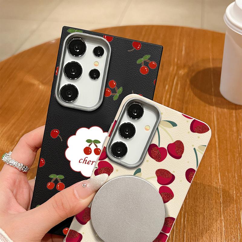 Cute Cherry Pattern TPU Leather Texture Slim Magnetic Case For Samsung S25 Ultra S24 FE S23 S22 S21 Wireless Charge Matte Shockproof Soft Phone Cover
