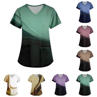 Women's Fashion Printed Short Sleeve V Neck Pattern Tops Pocket Working T-shirts